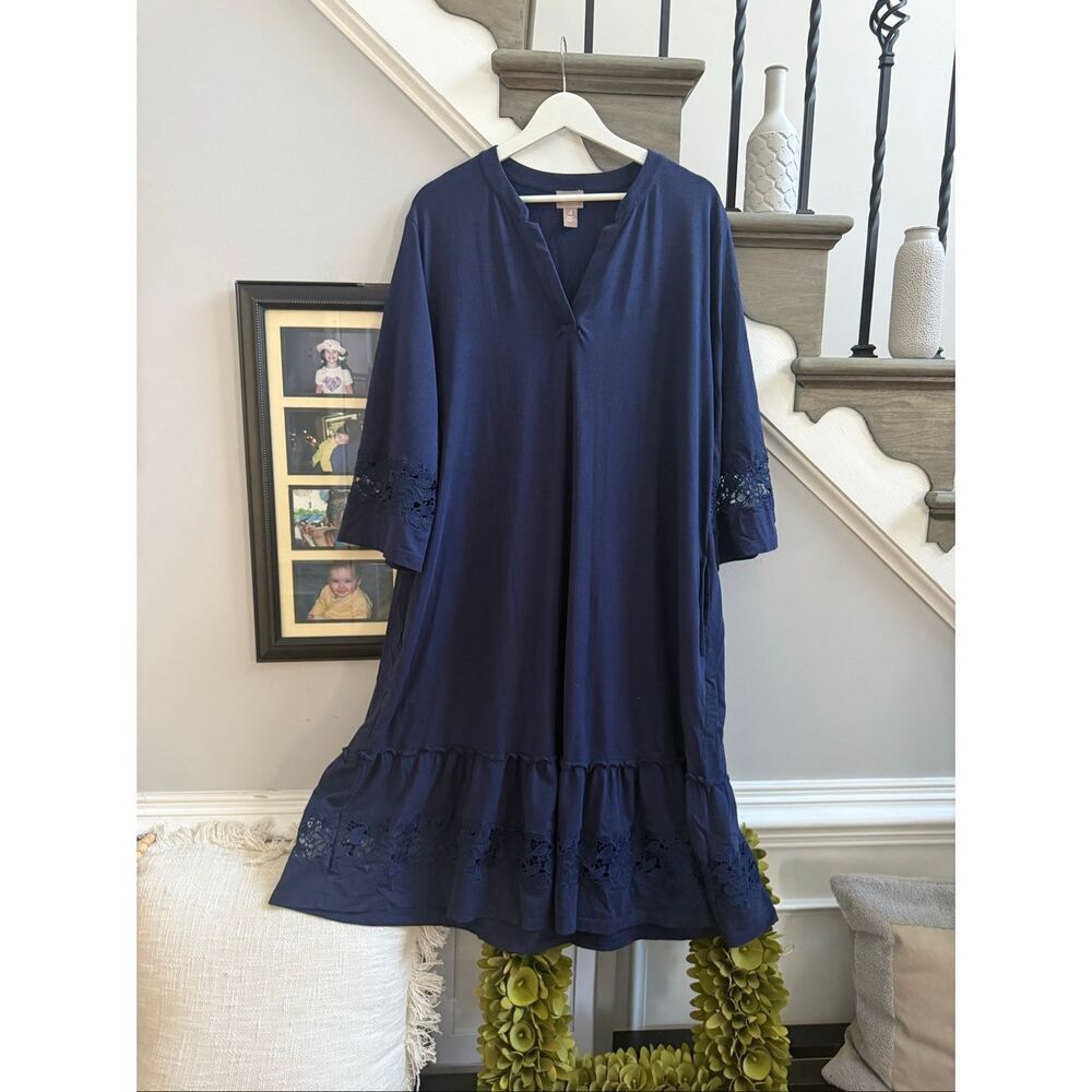 Chico’s Navy Tiered w/Lace Flowy MIDI Jersey Dress sz 4 or 20/22 EUC